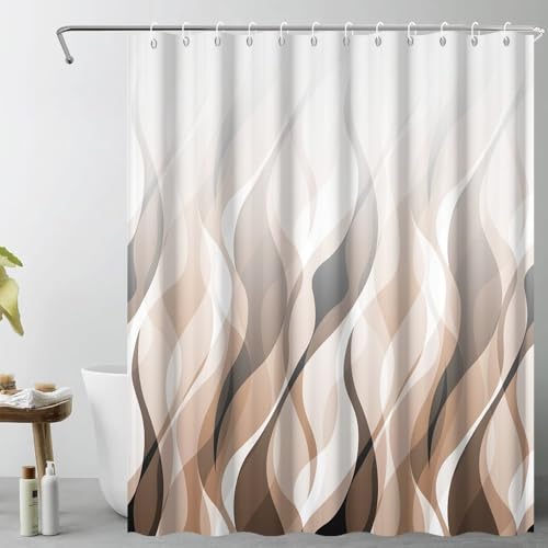 DORCEV Brown Coffee Abstract Striped Geometric Shower Curtain for Bathroom Decor Brown Geometric Waves Shower Curtain Modern Art Minimalist Bath Curtains Waterproof Shower Curtains Set,72x72inch