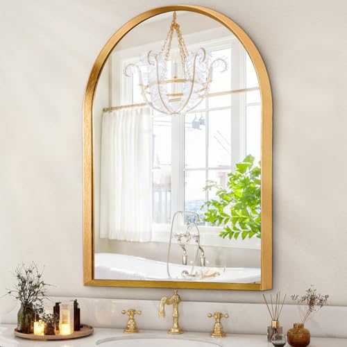 "HLFMVWE Arched Mirrors for Wall, White Bathroom Mirror Brushed Metal Vanity Wall Mounted Mirror for LivingRoom Bedroom Entryway Room Vanity Home Decor 26""x18"""