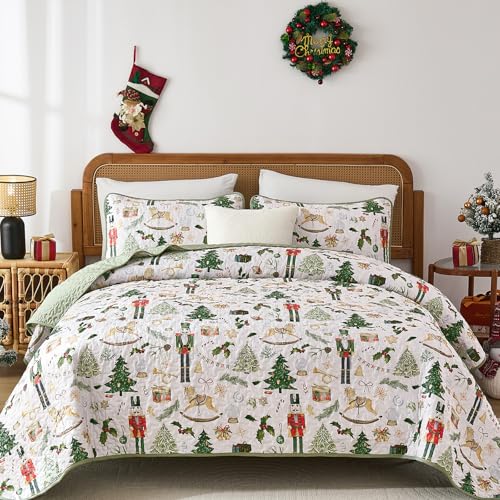 "Christmas Quilt Set Queen Size,Santa Claus Bedspread Reversible Green Christmas Bedding Set Elks Trees Quilted Coverlet Set with 2 Pillowcases Queen(90""x 90"")"