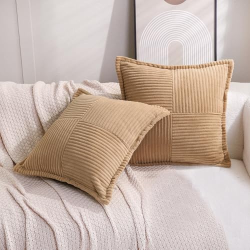 Puncuntex Khaki Corduroy Throw Pillow Covers 18??18 Inch Set of 2 - Boho Decorative Super Soft Pillowcase Cozy Striped Texture Cushion Cover for Couch,Sofa,Farmhouse,Living Room