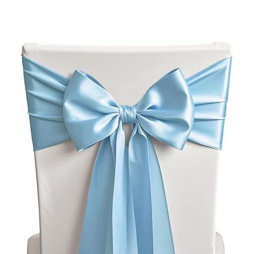 SINSSOWL 50 Baby Blue Chair Sashes Satin Chair Bows for Wedding Birthday Party Fiesta Decor - 7x108 Inches Ribbons Ties Fitted Banquets Folding Decorations