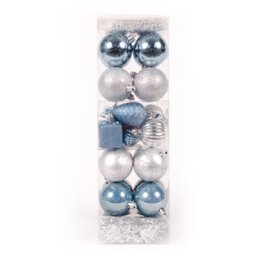 WeRChristmas 28-Piece Deluxe Variety Christmas Tree Baubles Decoration Pack with Tinsel and Beads, Blue/Silver