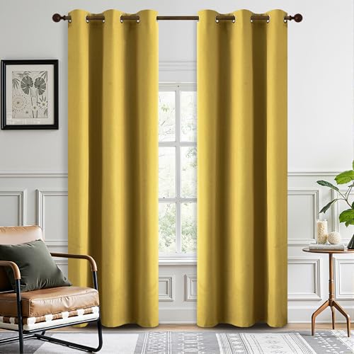 DONREN Thermal Insulated Linen Full Blackout Curtains 37x90 Inches, Grommet Room Darkening Drapes for Bedroom & Living Room, 2 Panels, Gold Yellow
