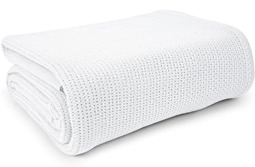 Linteum Textile Hospital Thermal Blanket 66x90 Inch 100% Cotton Breathable Soft & Cozy Open-Cell Weave Design Bed Blanket for Bed, Couch, Sofa Throw for All Season, 2.5 lb (White, Twin)