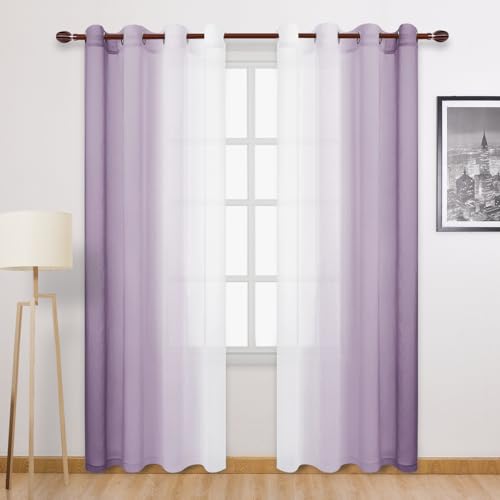 DWCN Ombre Faux Linen Extra Long Sheer Curtains - Semi Voile Gradient Grommet Top Curtains for Bedroom and Living Room, 52 x 102 Inches Long, Set of 2 Window Curtain Panels, Lavender
