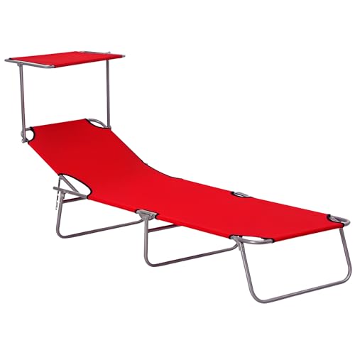Outsunny Folding Sun Lounger with Canopy, Reclining Sunbed with 4-Position Adjustable Backrest, 600D Oxford Cloth, Portable Garden Lounger Recliner Chair for Beach, Camping, Patio, Red
