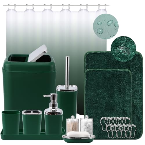 XLHOMO Dark Green Bathroom Accessories Set with Ombre Shower Curtain and Non-Slip Bath Rugs,24PC Sets Trash Can, Toothbrush Holder, Cup, Soap Dispenser, Tray, Dish, Toilet Brush, Qtip Holder