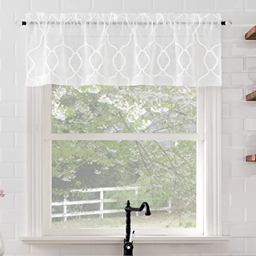 "No. 918 Allerton Embroidered Trellis Rod Pocket Kitchen Curtain Valance, 52"" x 14"", White"