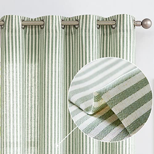 Vangao Linen Stripe Curtains Tickingstripe Light Filtering Window Curtains Green Pinstripe Printed on Beige Drapes 63 Inches Length for Living Room Bedroom Grommet Top 2 Panels