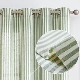 Vangao Linen Stripe Curtains Tickingstripe Light Filtering Window Curtains Green Pinstripe Printed on Beige Drapes 63 Inches Length for Living Room Bedroom Grommet Top 2 Panels