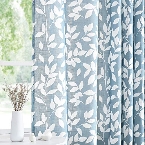 "Treatmentex Blue White Curtains for Studio Living Room 54"" Length Leaves Print Semi-Sheer Curtain Panels for Kitchen Window, Grommet Top, 2 Pack"