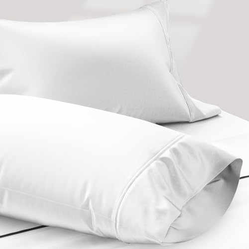 TEXAS LINEN CO. 100% Egyptian Cotton Pillow Cases Standard/Queen Size Set of 2 - Luxury 1200 Thread Count Sateen White Pillow Cases, Silky Soft Cotton Pillowcases Fits Standard & Queen Size Pillows