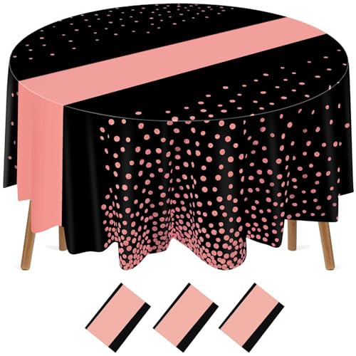 Newwiee 84 Inch Polka Dot Round Disposable Tablecloths Plastic Tablecover Plastic Tablecloth with Runner Printed for Prom Graduation Wedding Spring Birthday Party(Black, Rose Gold,3 Pcs)