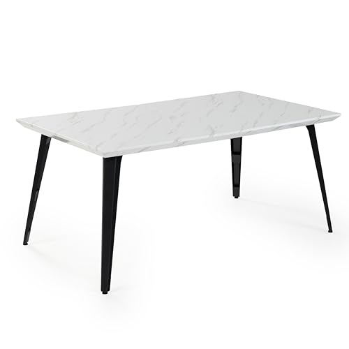 FurnitureR Dining Table Rectangular for 4-6 Person with Sturdy Wooden Table Top and Metal Steel Legs, 150(L) x 80(W) x 74(H) cm, Marble White