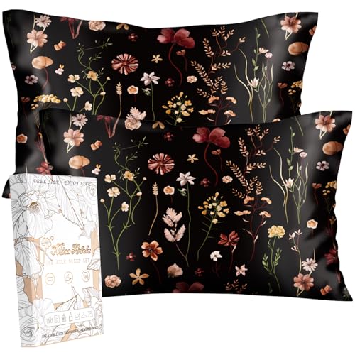 Miss Adola 2 Pack Mulberry Silk Pillowcase for Hair and Skin - King Size 20 x 36 Inches with Hidden Zipper BK Grow Flower 19 Momme Soft Sleeping Silk Pillow Case for Women, Moms