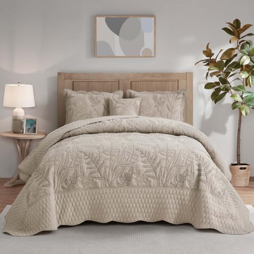 DaisyHuang Botanical Bedspread Full Size - Leaves Pattern Stitching Quilt Set - Elegant & Fresh Style Bedding Coverlets, Reversible, Lightweight, 5 Piece, Taupe