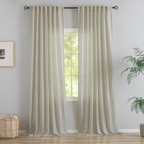 Rustic Livingroom 108 Inch Length Linen Textured Curtains - 2 Panels Set Back Tab Hooks Belt Track Burlap Flax Weave Light Filtering Semi Sheer Drapes,9FT Extra Long Curtain for High Window,Tan Beige