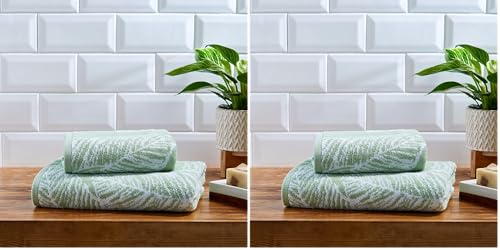 Matteo Collection - Green Leaf Bath Towel (70 x 130cm) - 100% Cotton - Super Soft - Tropical Palm Leaves Towel - Green & White Bath Towel/Bath Sheet - Pack of 2