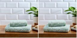 Matteo Collection - Green Leaf Bath Towel (70 x 130cm) - 100% Cotton - Super Soft - Tropical Palm Leaves Towel - Green & White Bath Towel/Bath Sheet - Pack of 2