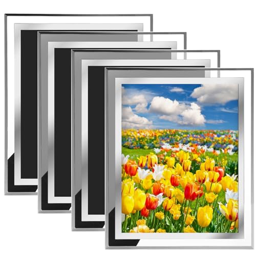 ASelected 4 Pack 8x10 Photo Frames,Silver Mirrored Glass Picture Frames Set of 4,Glass Photo Frame for Wedding Photos, Family Photos for Tabletop Display and Home Decoration