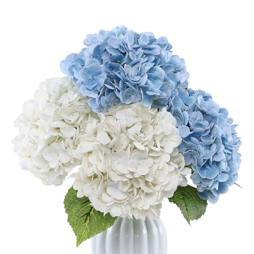 Coferset 4Pcs Hydrangea Artificial Flowers Lifelike Faux Hydrangea Real Touch Fake Flowers for Home Wedding Christmas Office Party Living Room Decoration,22inch(2 White+2 Baby Blue)