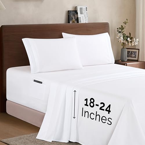 Elegant Comfort Luxury 1500 Premium Hotel Quality Microfiber 4-Piece Sheet Set - Soft, All Around Elastic 18-24 Inches Deep Fitted Sheet - Extra Deep Pocket Sheets, Twin/Twin XL, White
