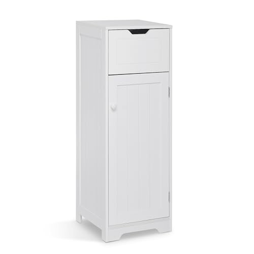 Mondeer Bathroom Floor Cabinet, Storage Unit With 1 Drawer 1 Door 2 Shelves, 32x30x87cm White MDF Painted Wood Free Standing Cupboard for Bathroom Living Room Porch