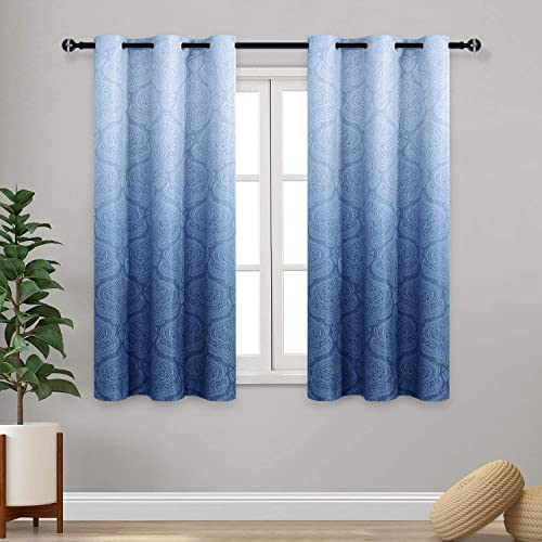 DWCN Navy Blackout Damask Curtains for Bedroom - Ombre Patterned Thermal Insulated Energy Saving Grommet Curtains for Living Room, Set of 2 Gradient Window Curtain Panels, 36 x 54 Inch Navy Blue