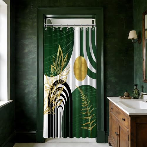 QGHOT Olive Green and Gold Shower Curtain Boho Mid Century Modern Hunter Green Shower Curtains for Bathroom Decor Sets, Waterproof Cloth Fabric with Hooks 48x72in