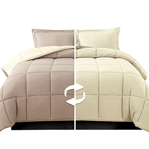 Elegant Comfort 3-Piece Reversible Comforter Set, All Season Cozy, Soft Down Alternative, Quilted - Box Stitched - Duvet Insert with 4 Corner Tabs, Comforter with Shams, Twin, Linen/Ivory