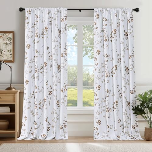 Beauoop Floral 100% Blackout Curtains for Bedroom Tan Brown 52X96 2 Panels - Flower Patterned Brown White Room Darkening Drapes for Living Room Thermal Soundproof Window treatment Rod Pocket