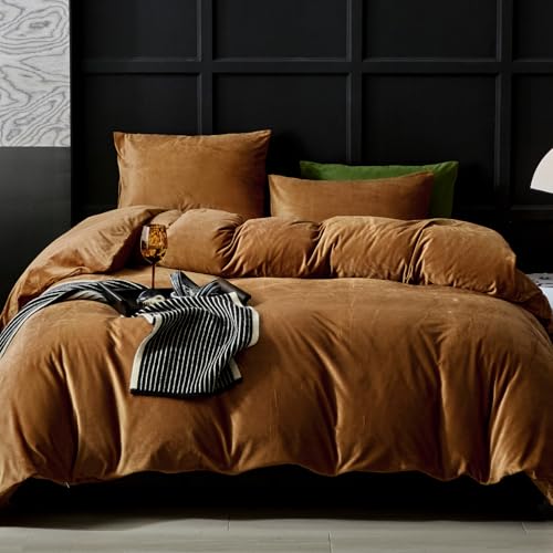 WARMDERN Camel Velvet Duvet Cover Queen Size Flannel Duvet Cover Bedding Sets, 3pcs Ultra Soft Luxury Textured Modern Crystal Velvet Duvet Covers with Zipper Closure(Camel, Queen)