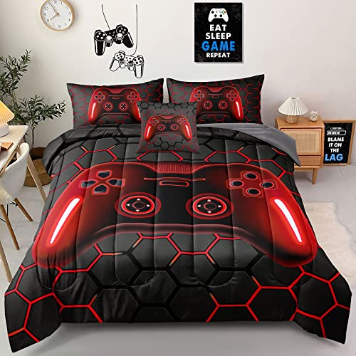 Z.Jian HOME 5 Pieces Gaming Bedding Set Twin Size for Boys Gamer Comforter Set for Boys Girls Kids Teens 5 Piece Bed in A Bag Video Game Bedding for Gamer Room Decorative Twin46