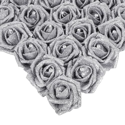 IPOPU Silver Roses,25PCS Glitter Roses Bouquet Fake Flowers with Crystal for Cake Wedding Bouquet Home Party Decoration(Silver)