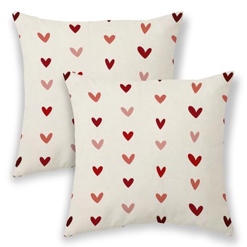 BETGINY Valentines Pillow Covers 18x18, Red Love Hearts Outdoor Decorative Throw Pillows for Couch, Anniversary Decor Cushion Cover 2 Pcs Farmhouse Linen Pillowcases for Bed Car Safa