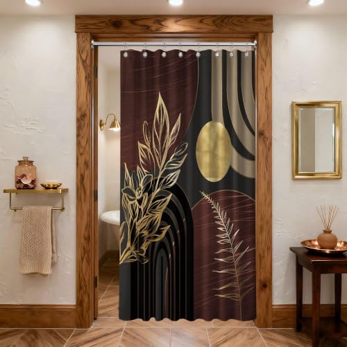 "QGHOT Dark Brown and Black Shower Curtain Boho Mid Century Gold and Brown Shower Curtains for Bathroom Decor, Waterproof Cloth Fabric with Hooks, 48"" W x 72"" L"