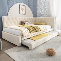 Ball & Cast 3ft Single Daybed with Pull-Out Bed, Functional Upholstered Bed, Velvet Single Bed Frame Sofa Beds Guest Beds for Adults, Teenagers and Children, No Mattress, Beige, 90x190 cm