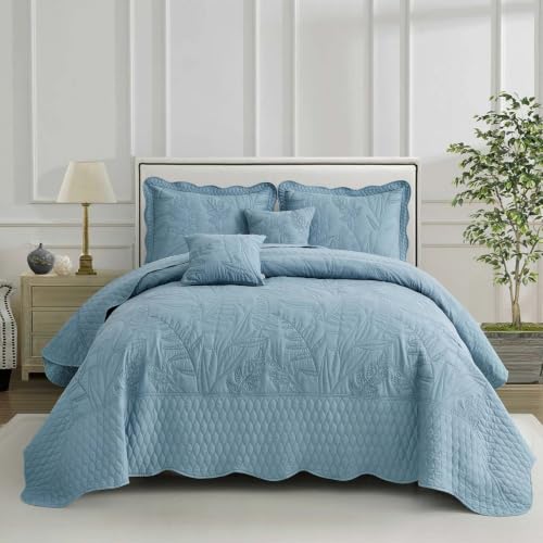 Bedspread oversized Full 96x110???Beautiful Leaf Stitching???5 PC, Ashley Blue - Premium quality stitching,Pet-Friendly Stitching,Microfiber Reversible,Versatile styling,Elegant,Durable & Easy Care
