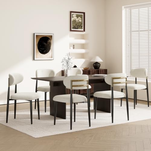 MALOL Dining Chairs Set of 6, Fabric Chairs for Dining Room with Metal Legs & Curved Backrest & Thick Cushion, Upholstered Kitchen Chair with Anti-Slip Pads, Beige