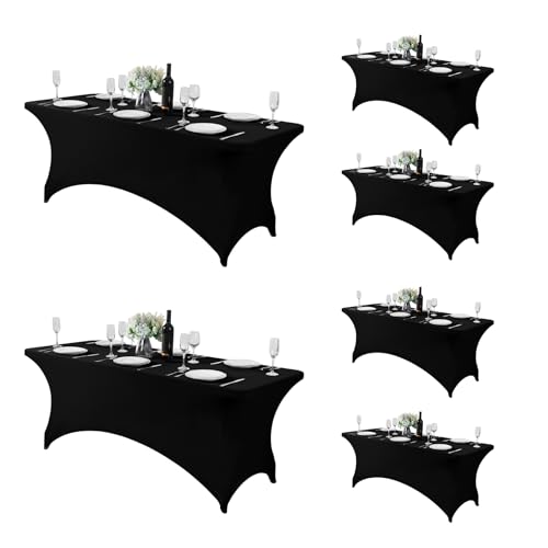 Fokitut 6 Pack Spandex Table Cover for 6FT Table Universal Fitted Stretch Tablecloth for Party, Banquet, Wedding and Events-Black