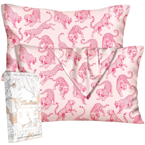 Miss Adola Silk Pillow Cases 2 Pack - Standard Size 20 x 26 Inch Mulberry Silky Pillowcase for Hair and Skin Soft Cute Aesthetic Bed Sleeping Pillow Cover with Zipper for Women, PK Leopard