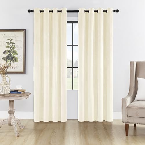 "SMILETIME Ivory White Velvet Curtains 52""x72"" Grommet 2 Panels - OEKO-TEX rust-proof grommets light filtering heat insulated noise reducing, living room bedroom study, machine washable"