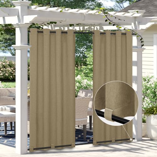 Easy-Going Linen Look Outdoor Curtains 54x120 inch, Khaki - Waterproof Soft Thicken Outdoor Privacy Curtains for Patio, Gazebo, Grommet Top and Tab Bottom Drape, 1 panel