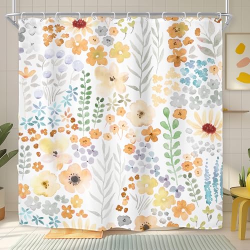 "Yellow Cute Floral Flowers Colorful Plants Art Bathroom Shower Curtain Set - 72""W x 72""H Leaves Spring waterproof HD print, quick-dry fabric with 12 hooks for easy hanging."