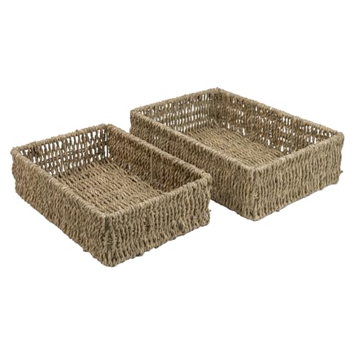 JVL Set of 2 Rectangular Hand Woven Seagrass Storage Baskets ??? Natural Home Storage Organiser Set, Brown