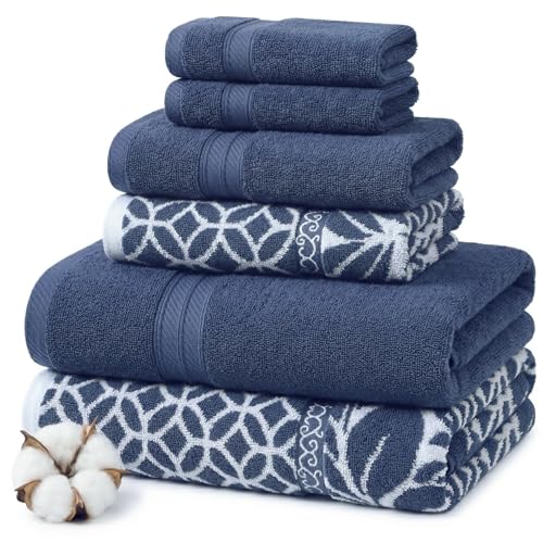 Modern Threads Trefoil Filigree 6-Piece Reversible Yarn Dyed Jacquard Towel Set - Bath Towels, Hand Towels, & Washcloths - Super Absorbent & Quick Dry - 100% Combed Cotton