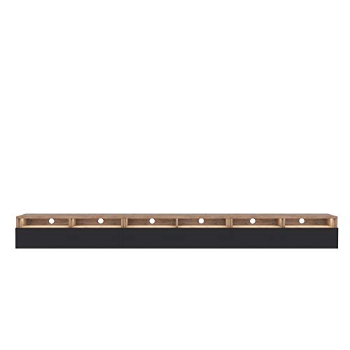 Selsey REDNAW - Modern TV Stand/TV Cabinet with 3 Drawers / 300 cm/Wotan Oak/Black Gloss/LED lighting