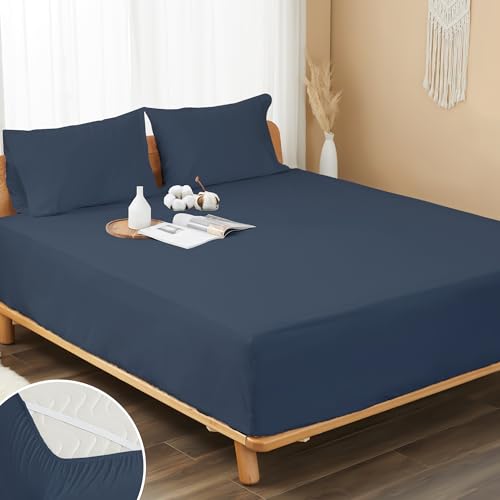 "HOMTEC 100% Cotton Percale Fitted Sheet Twin Size, 8-15"" Deep Pocket Cooling Bottom Sheet, Breathable Soft & Crisp Fitted Sheet Only with 4 Corner Straps (Twin, Crown Blue)"