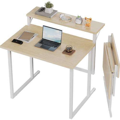 JUMMICO Foldable Desk,Small Desk with Monitor Shelf,2-Tier Folding Table for Home, Office, School, Computer Desk for Small Space,Oak