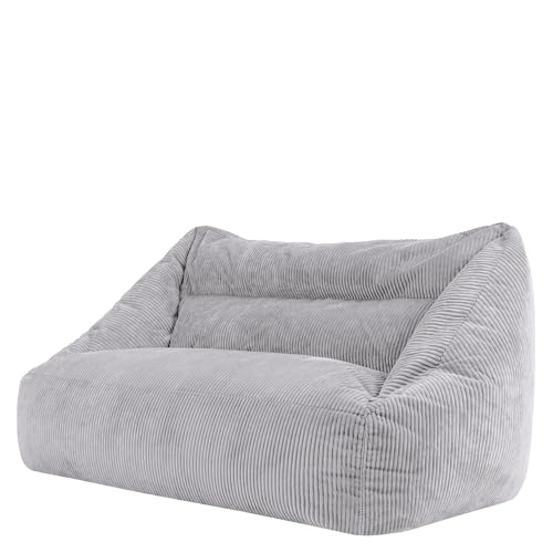 icon Cecilia Cord Bean Bag Sofa, Light Grey, 2 Seater Boneless Sofa, Large Adult Bean Bag with Filling Included, Living Room, Living Room Furniture